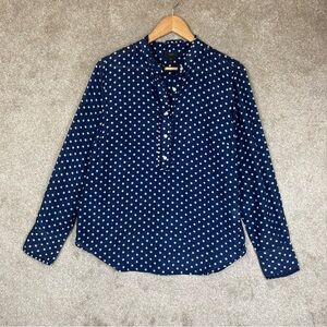 J Crew Blouse Womens 10 Blue Polka Dot Cotton Silk Long Sleeve Pullover- 4029
